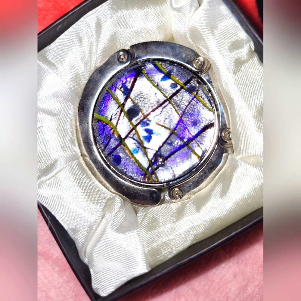 🆕️🇮🇹Purse Hanger Hook Round Mother of Pearl With Purple Flash